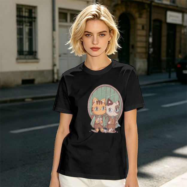 Olive Green T-Shirt With Cute Cat Fantasy Character Print