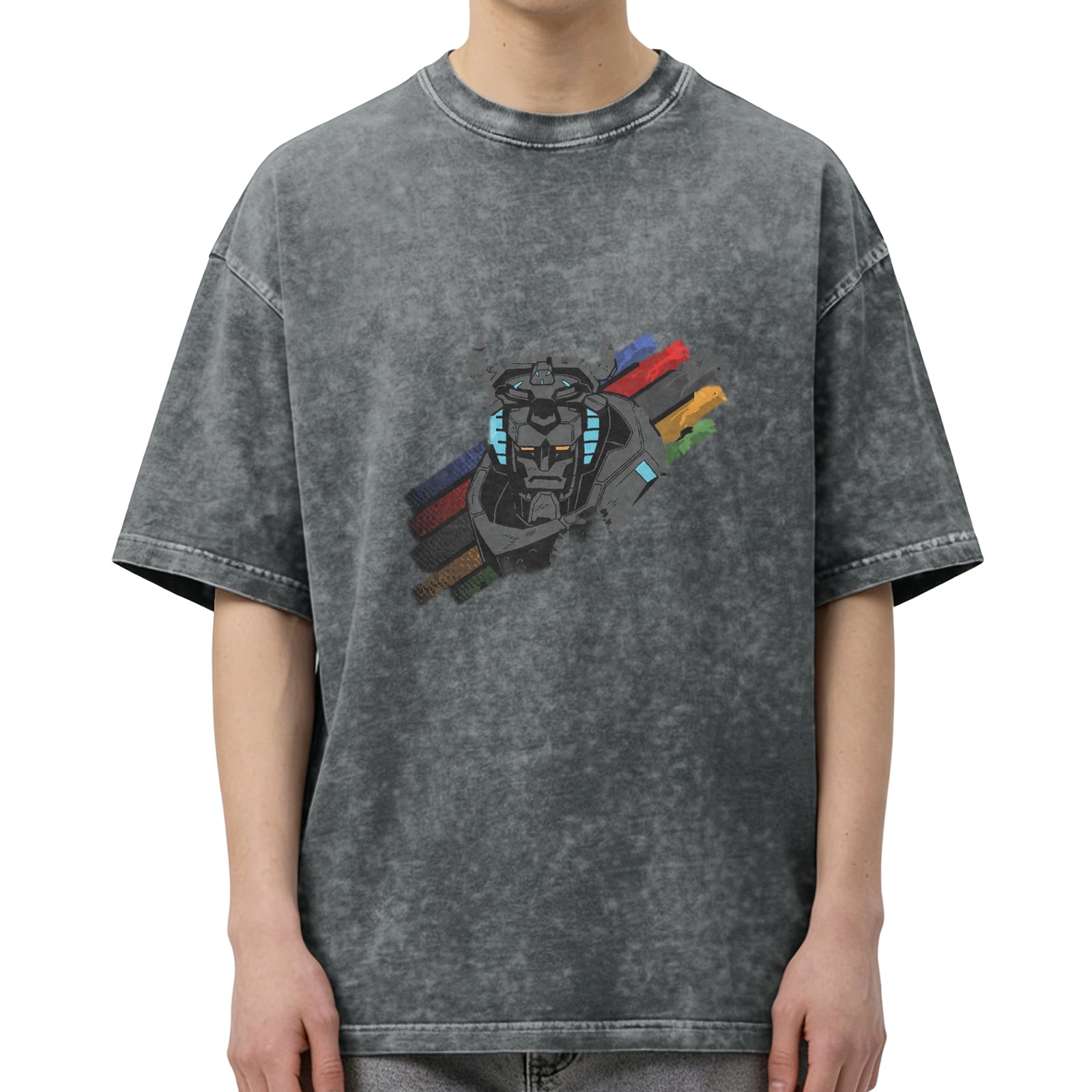 Distressed black loose short-sleeved T-shirt Voltron mecha print