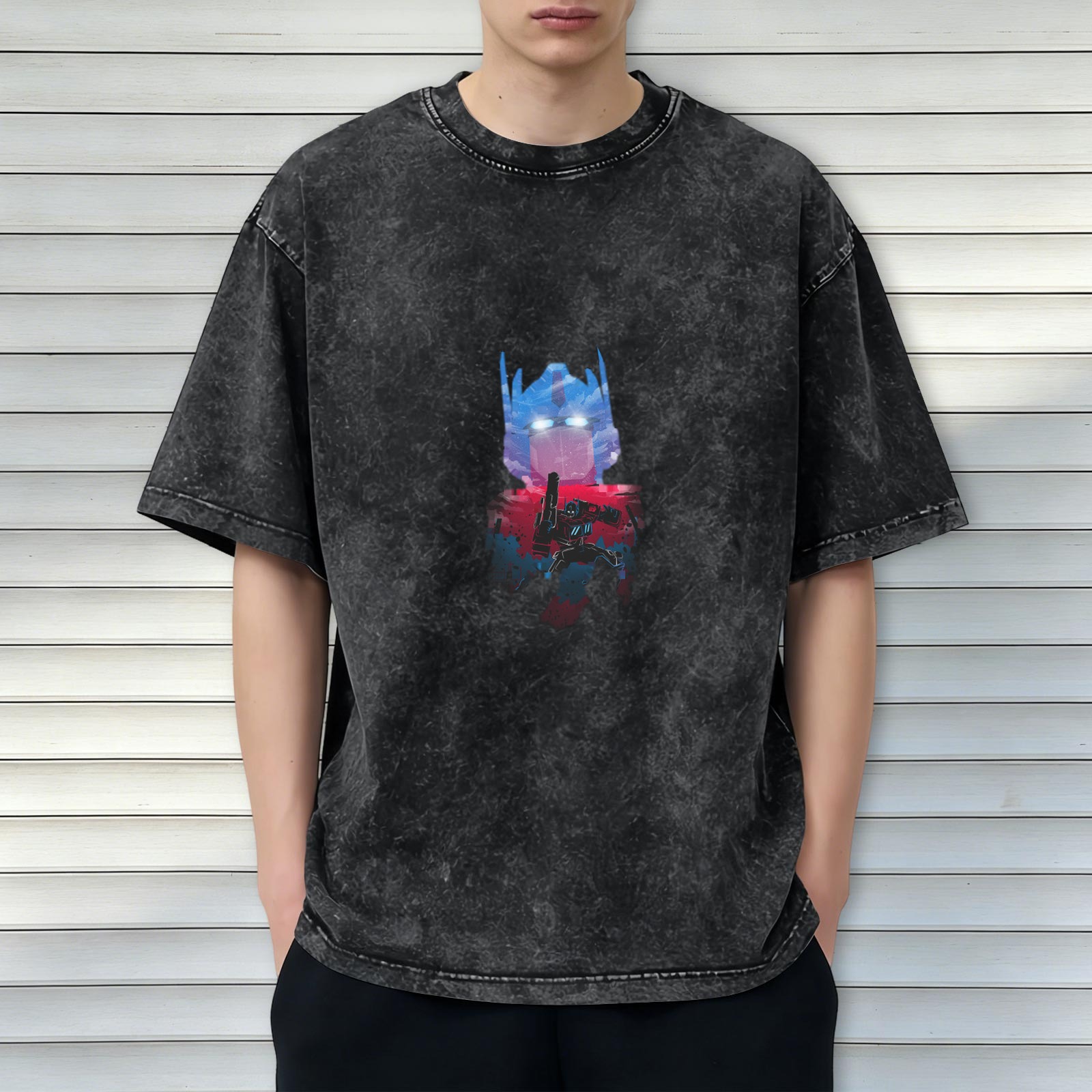 Washed distressed black Optimus Prime print short-sleeved T-shirt