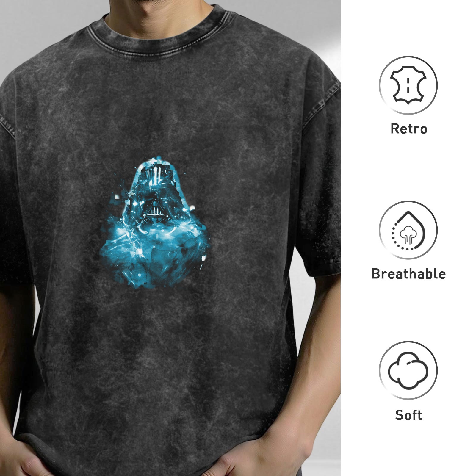 Washed Black Oversized T-Shirt With Glowing Blue Darth Vader Graphic