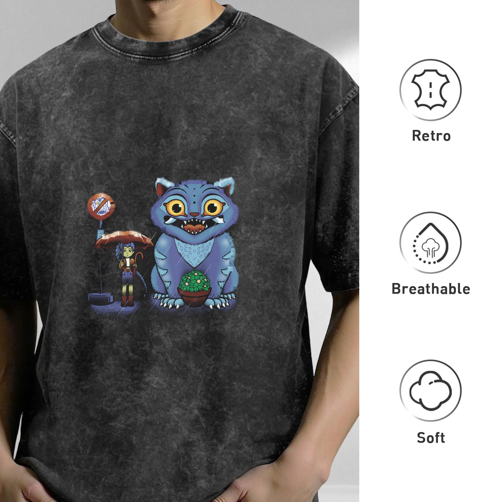 Distressed black loose short-sleeved T-shirt Cartoon blue cat monster print design Personalized trendy casual top