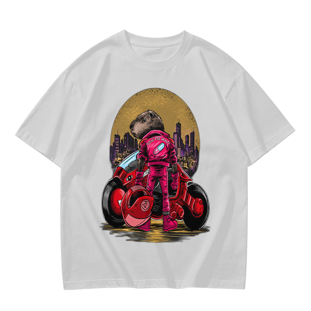 Olive T-Shirt With Capybara Biker And Futuristic City Print