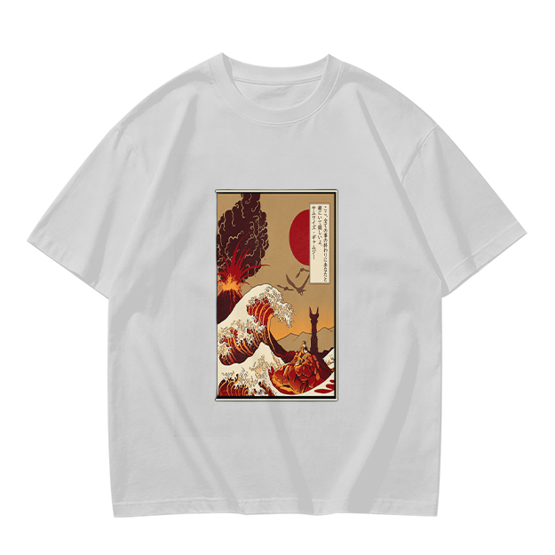 Olive T-Shirt with Ukiyo-e Style Wave and Volcano Print