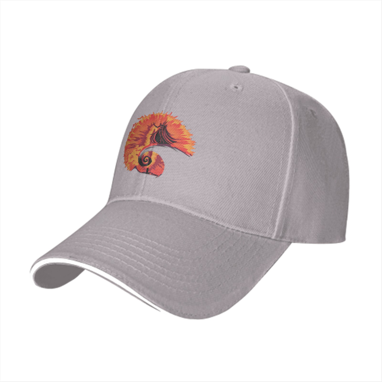 Black baseball cap with fiery spiral silhouette graphic