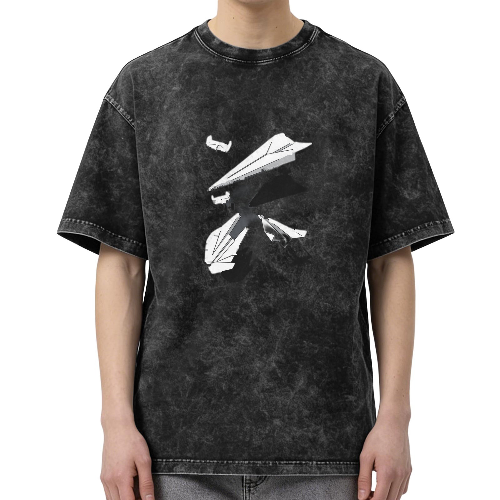 Oversized Acid Wash T-Shirt with Broken Paper Plane Graphic Print