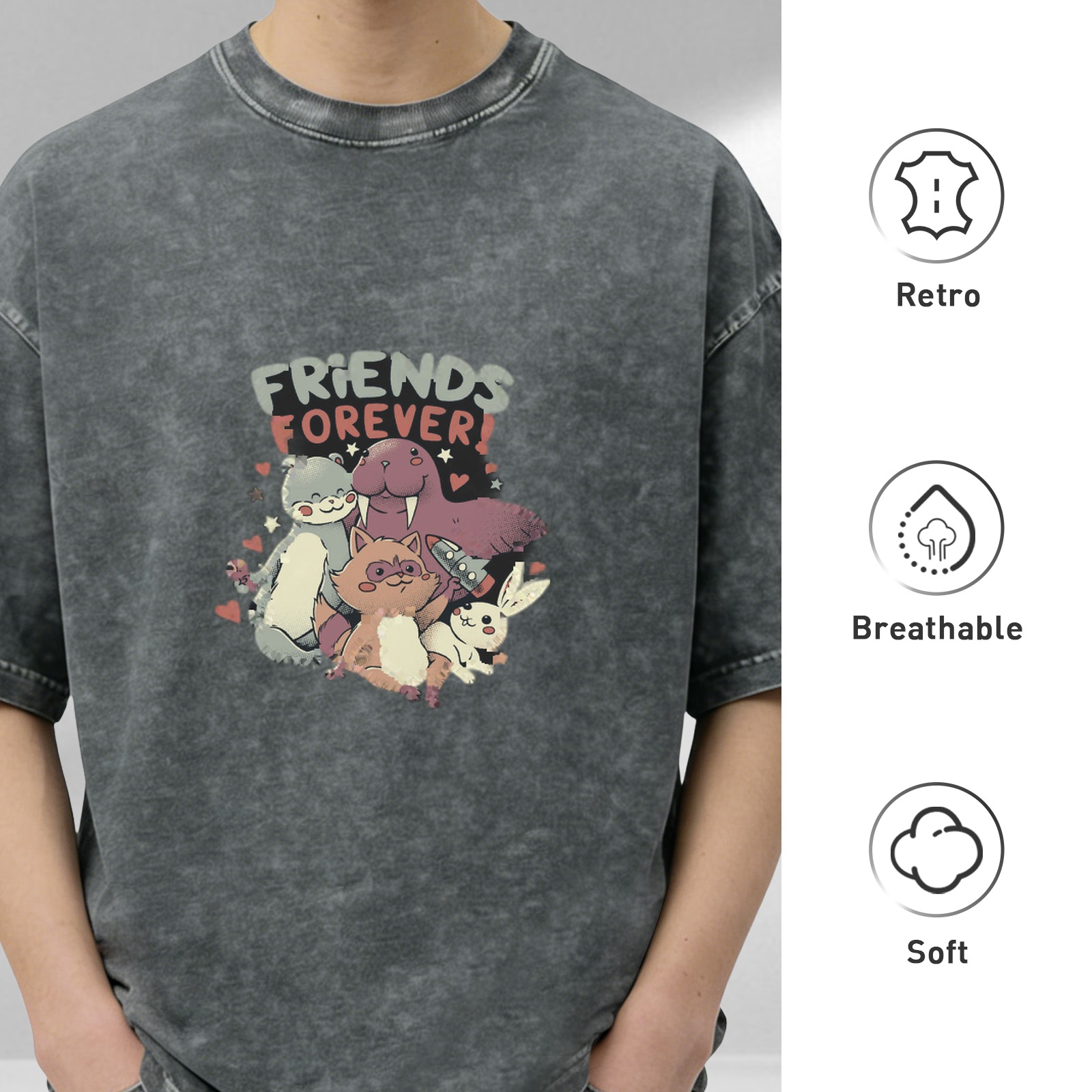 Oversized acid wash t-shirt with friends forever animal graphic print