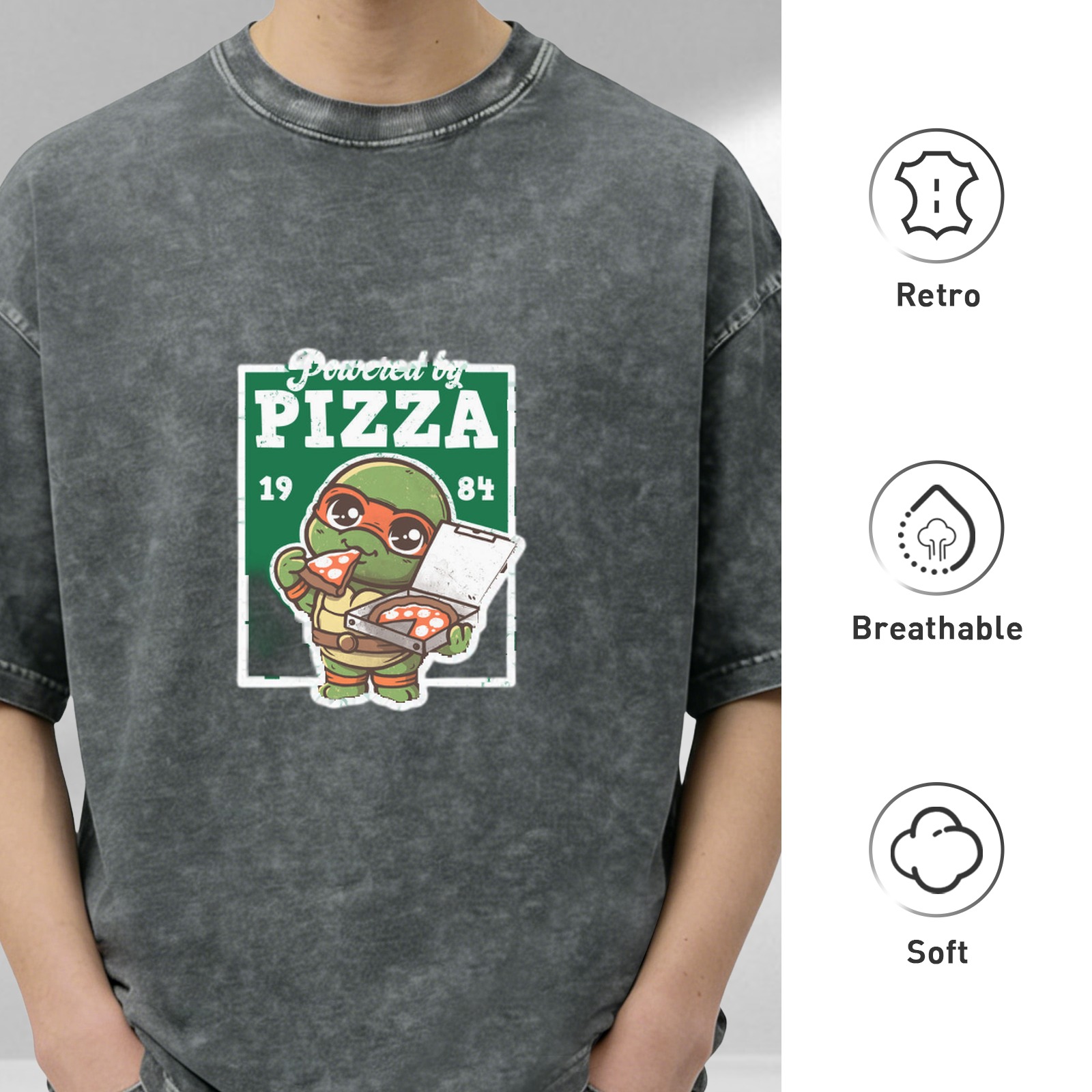 Powered by Pizza Teenage Mutant Ninja Turtle Graphic Acid Wash T-Shirt