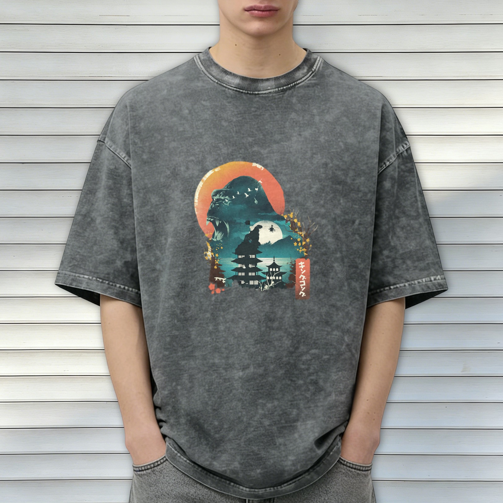 Washed Black Oversized T-Shirt with Japanese Monster Sunset Graphic