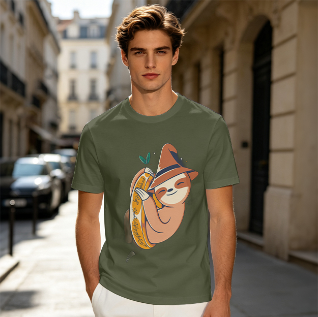 Olive Green T-Shirt With Cute Sloth Wearing Witch Hat Hugging Carrot