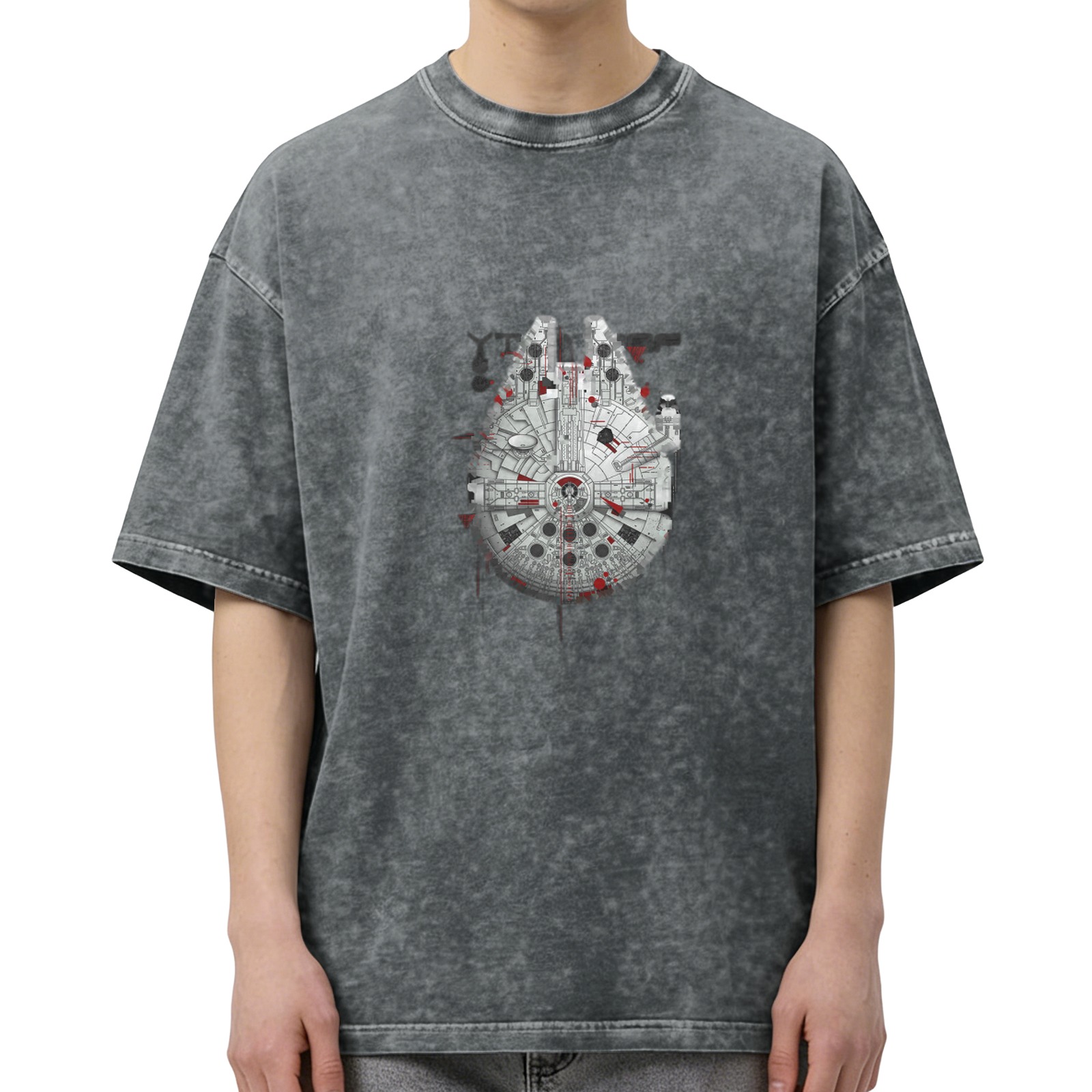 Distressed black short-sleeved T-shirt Star Wars Millennium Falcon pattern casual loose style