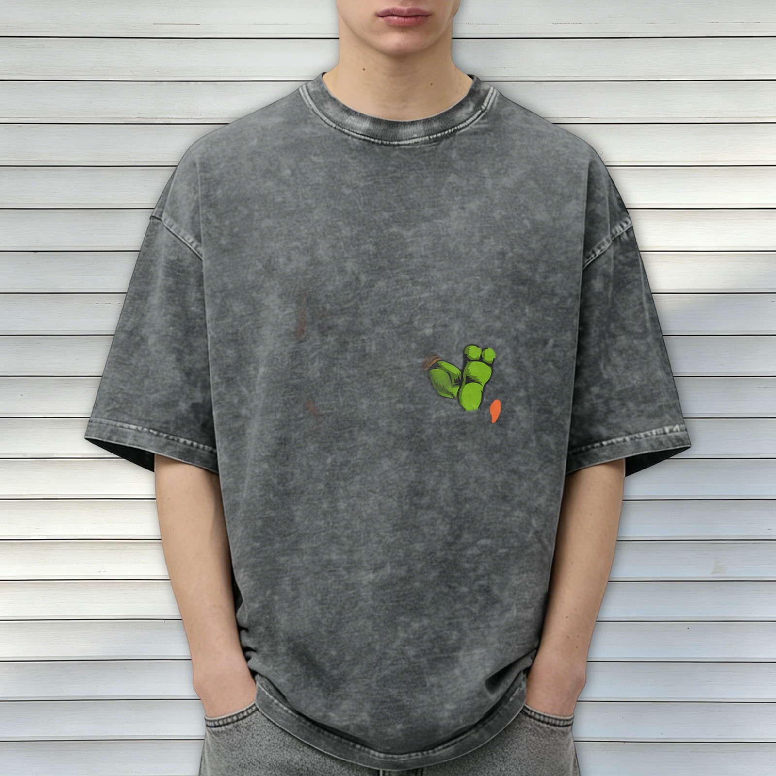 Oversized Acid Wash T-Shirt With Green Foot Print Graphic