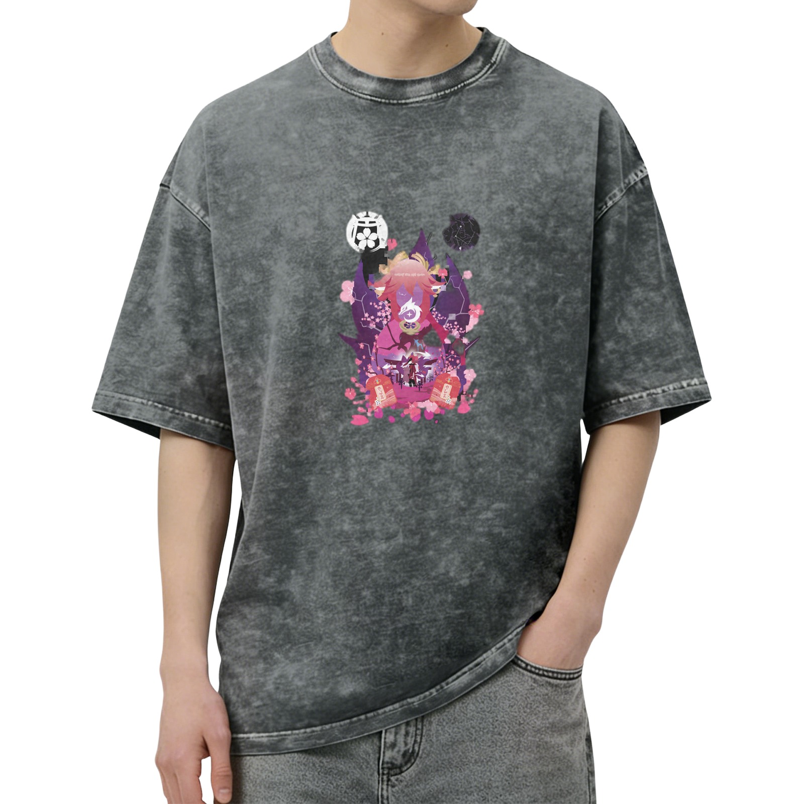 Washed Black Anime Graphic T-Shirt with Cherry Blossom Design