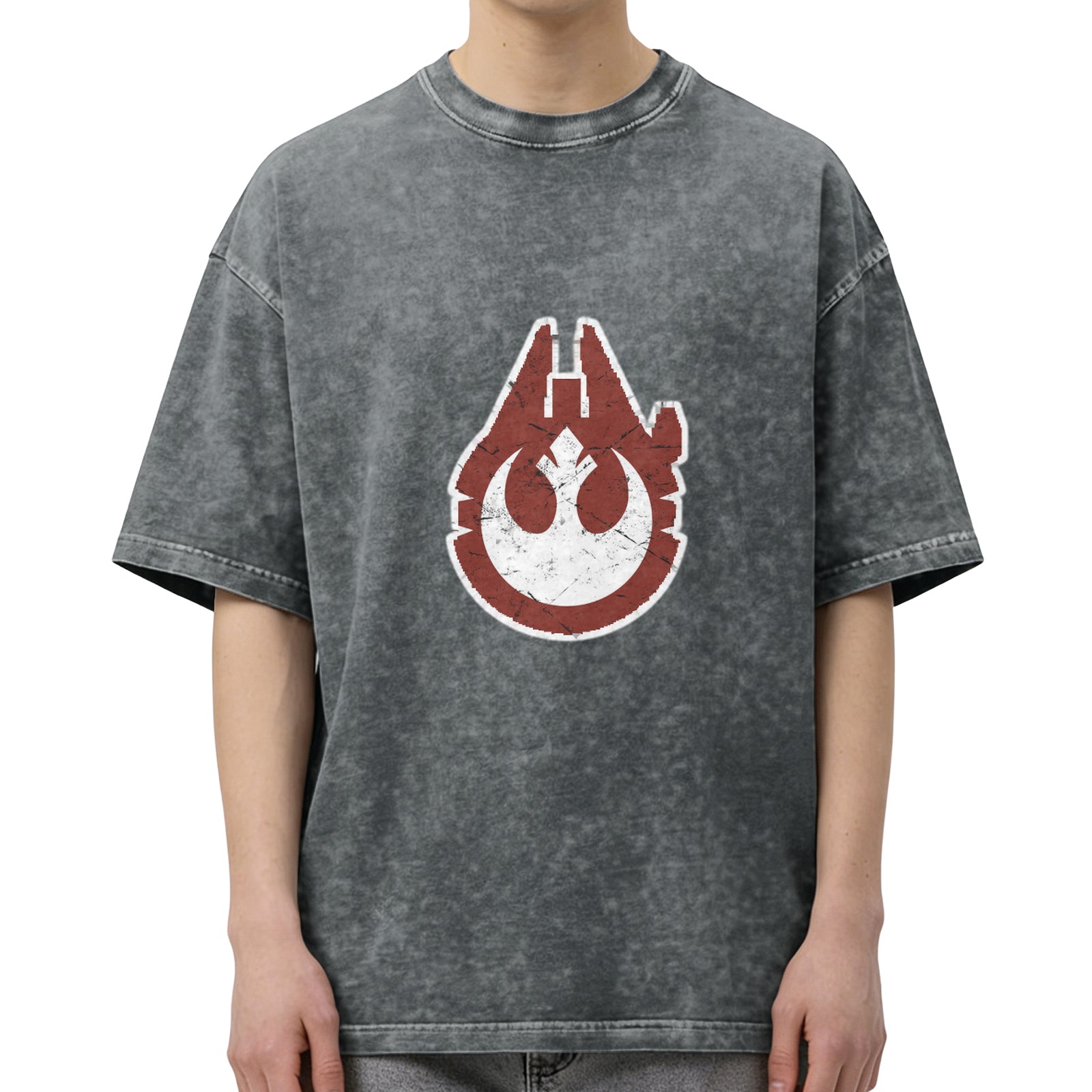 Star Wars Rebel Millennium Falcon Distressed Black Acid Wash T-Shirt