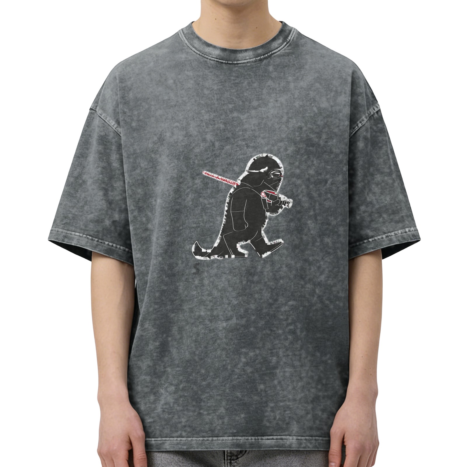 Washed Black T-Shirt with Dinosaur Darth Vader Graphic