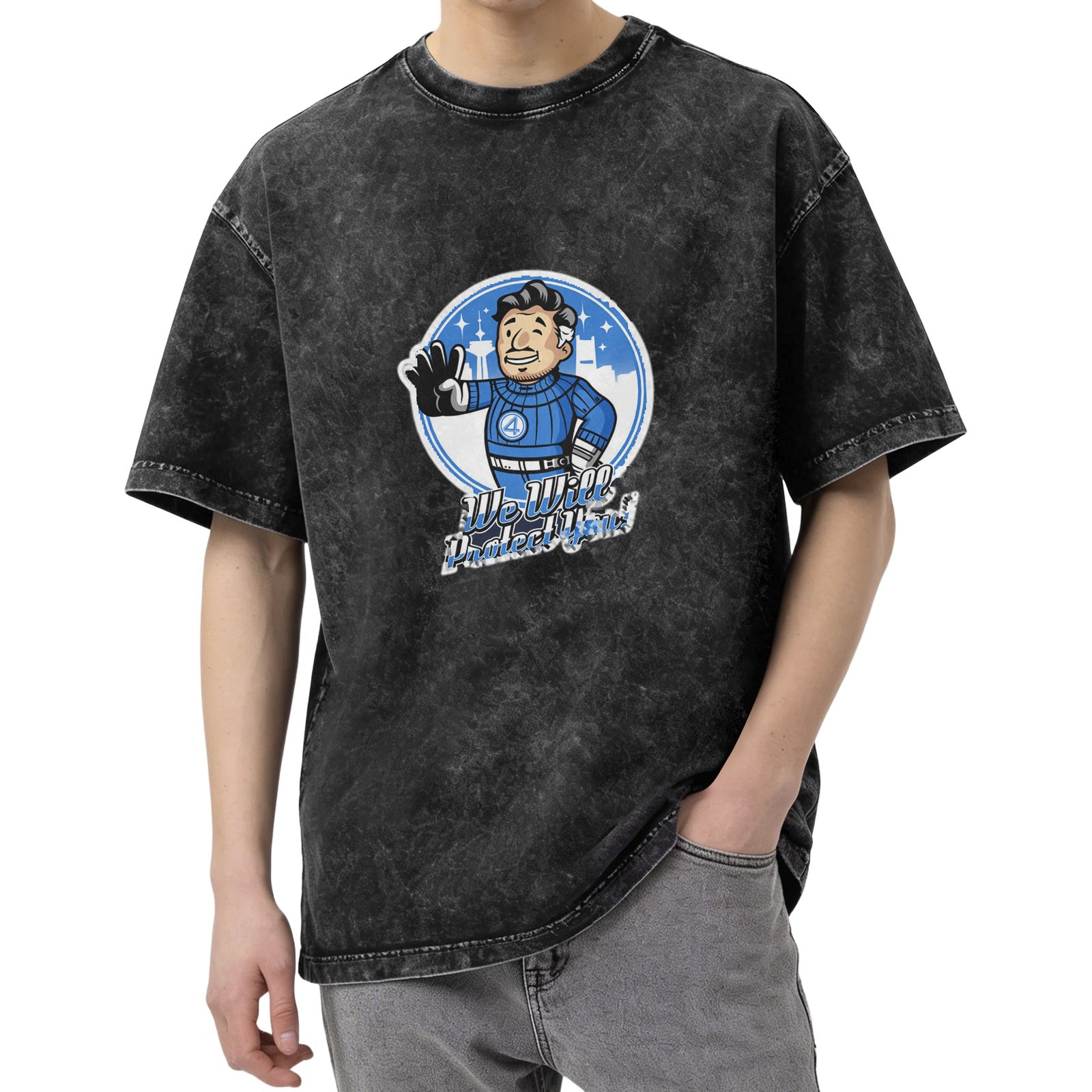 Washed Black T-Shirt with Retro Cartoon Character We Will Protect You Print