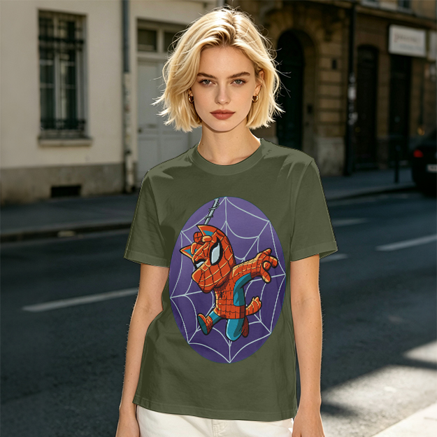 Olive T-Shirt with Cute Spider-Cat Web Print