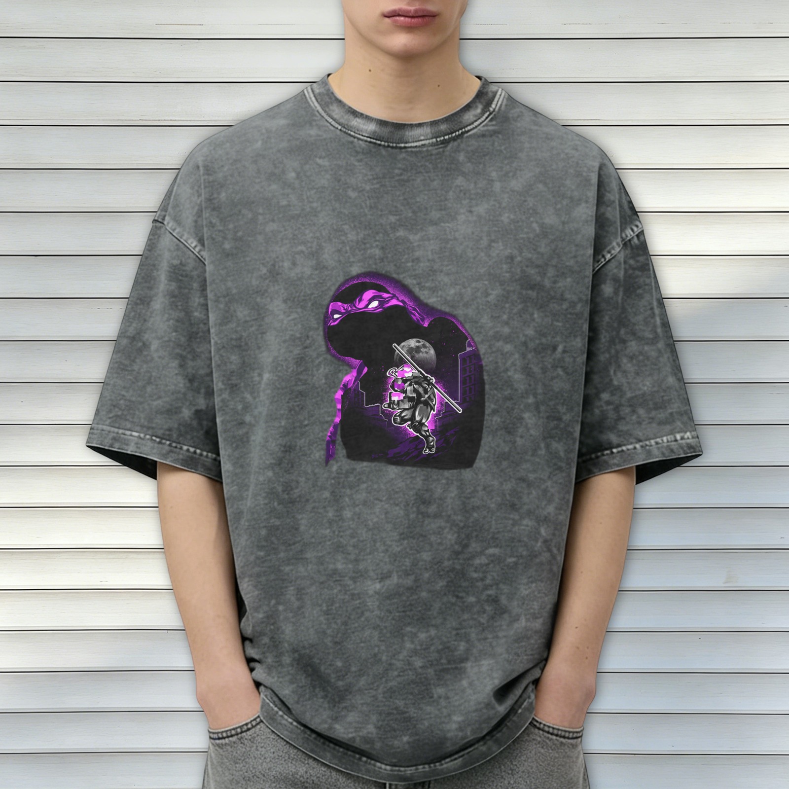 Washed black graphic t-shirt with purple ninja turtle design