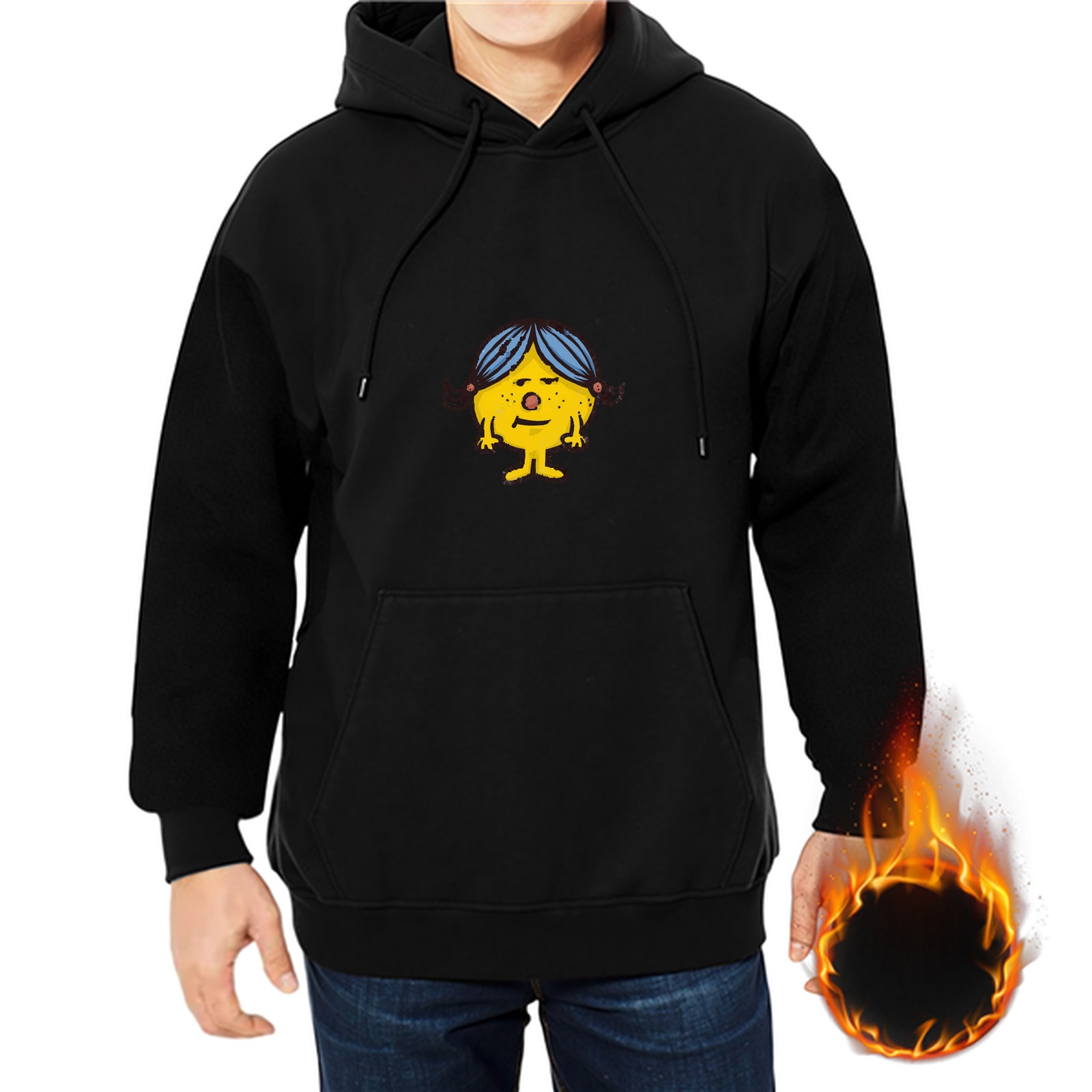 Black hoodie with yellow cartoon character graphic