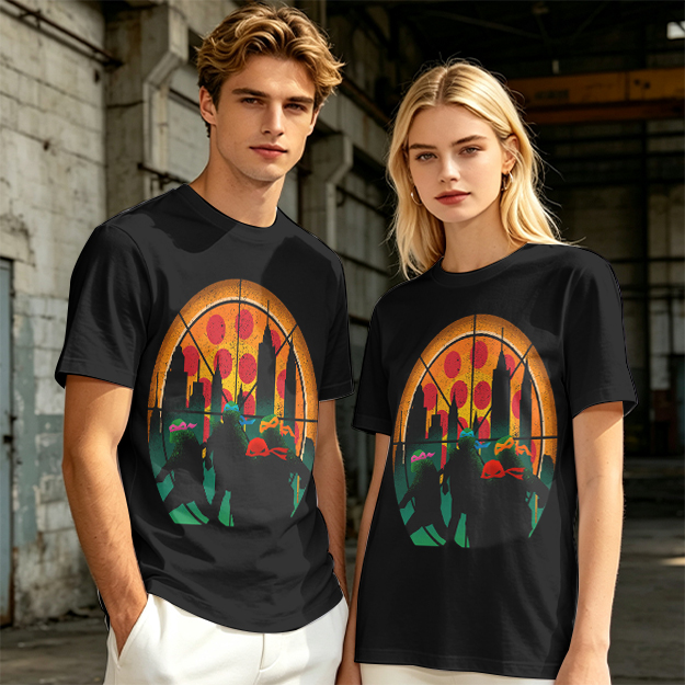 Olive T-Shirt With Ninja Turtles Pizza City Silhouette Print