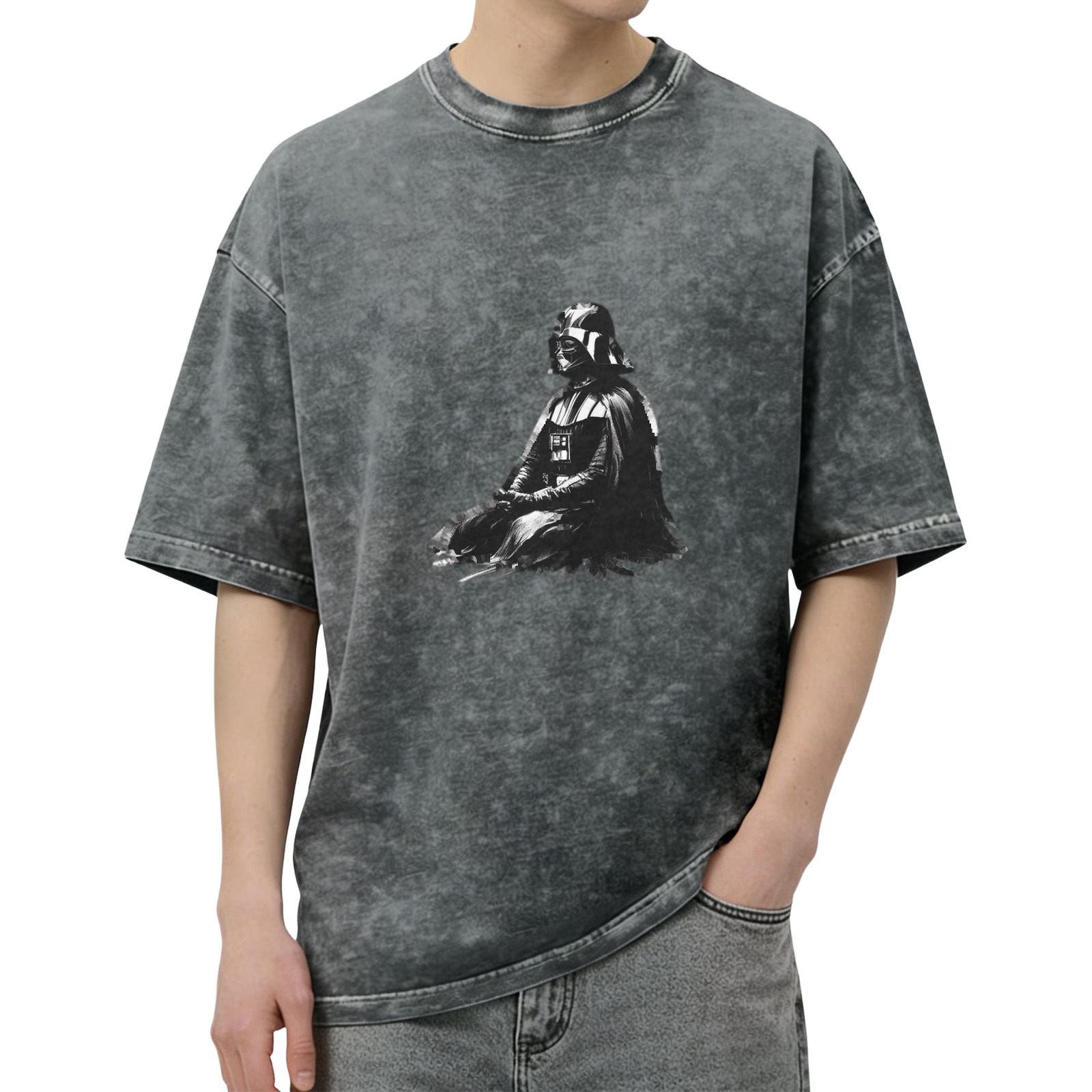 Washed Black T-Shirt With Seated Dark Warrior Graphic Print