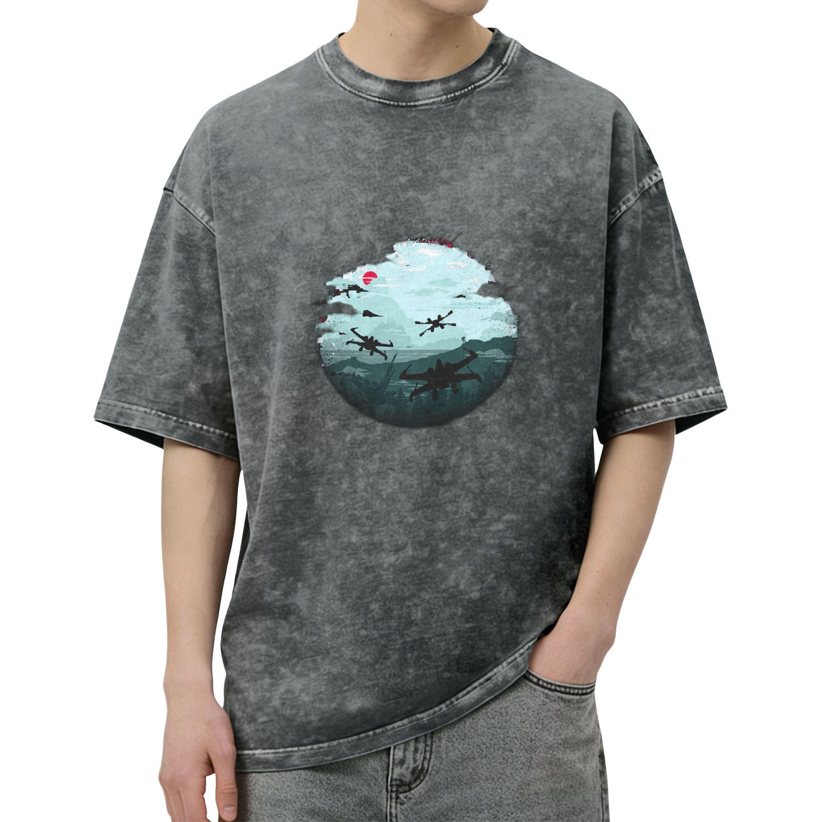 Oversized Vintage Wash Graphic T-Shirt with Star Wars X-Wing Fighter Design
