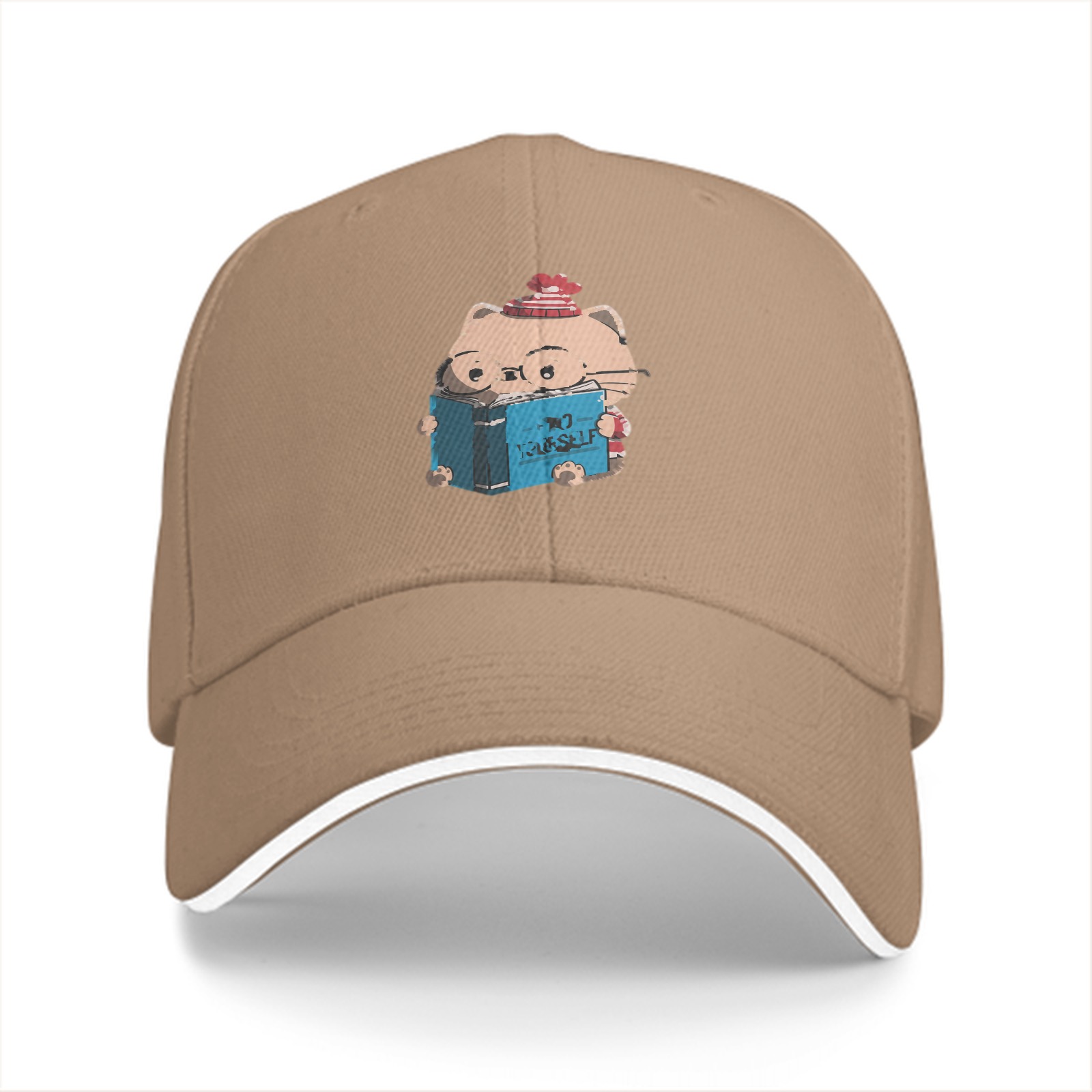 Black Baseball Cap With Cute Reading Cat Graphic