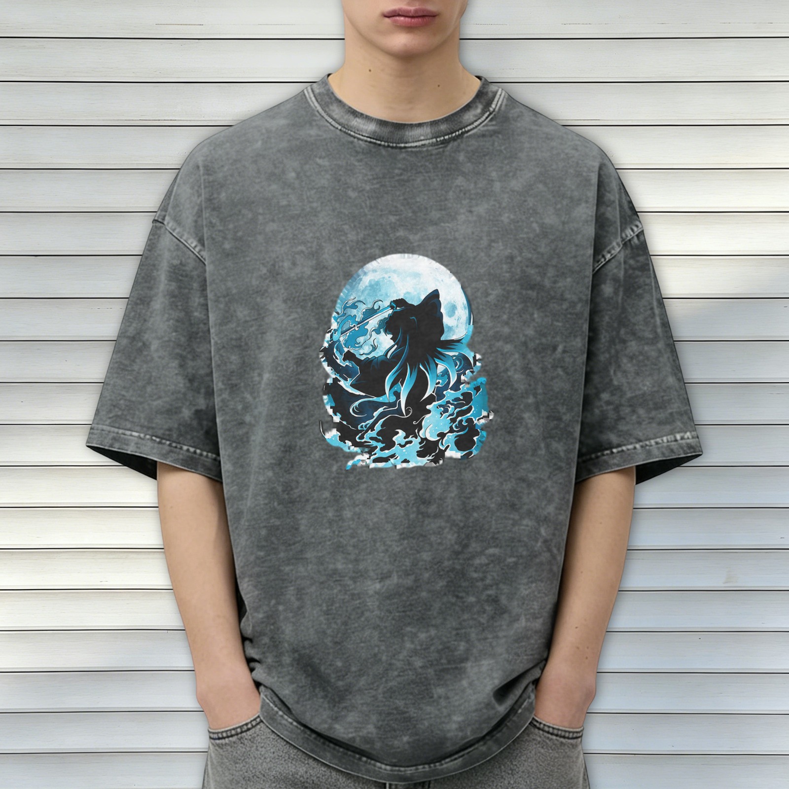 Oversized Acid Wash T-Shirt With Moon Wolf Silhouette Graphic