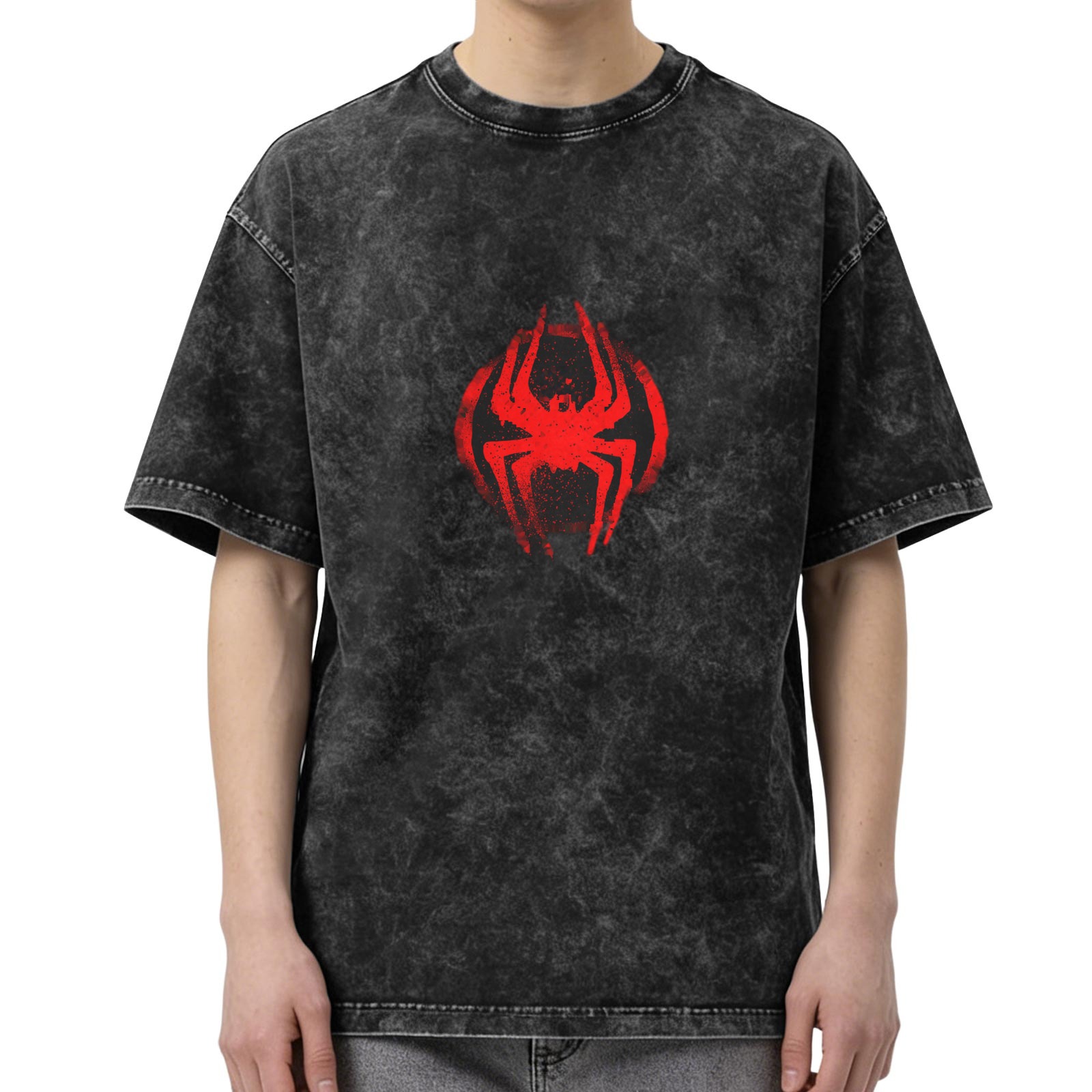 Washed Black Oversized T-Shirt with Red Spider Logo Graphic