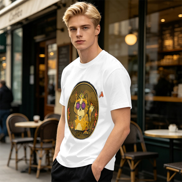 Olive T-Shirt With Flaming Royal Cat Wearing Sunglasses Print