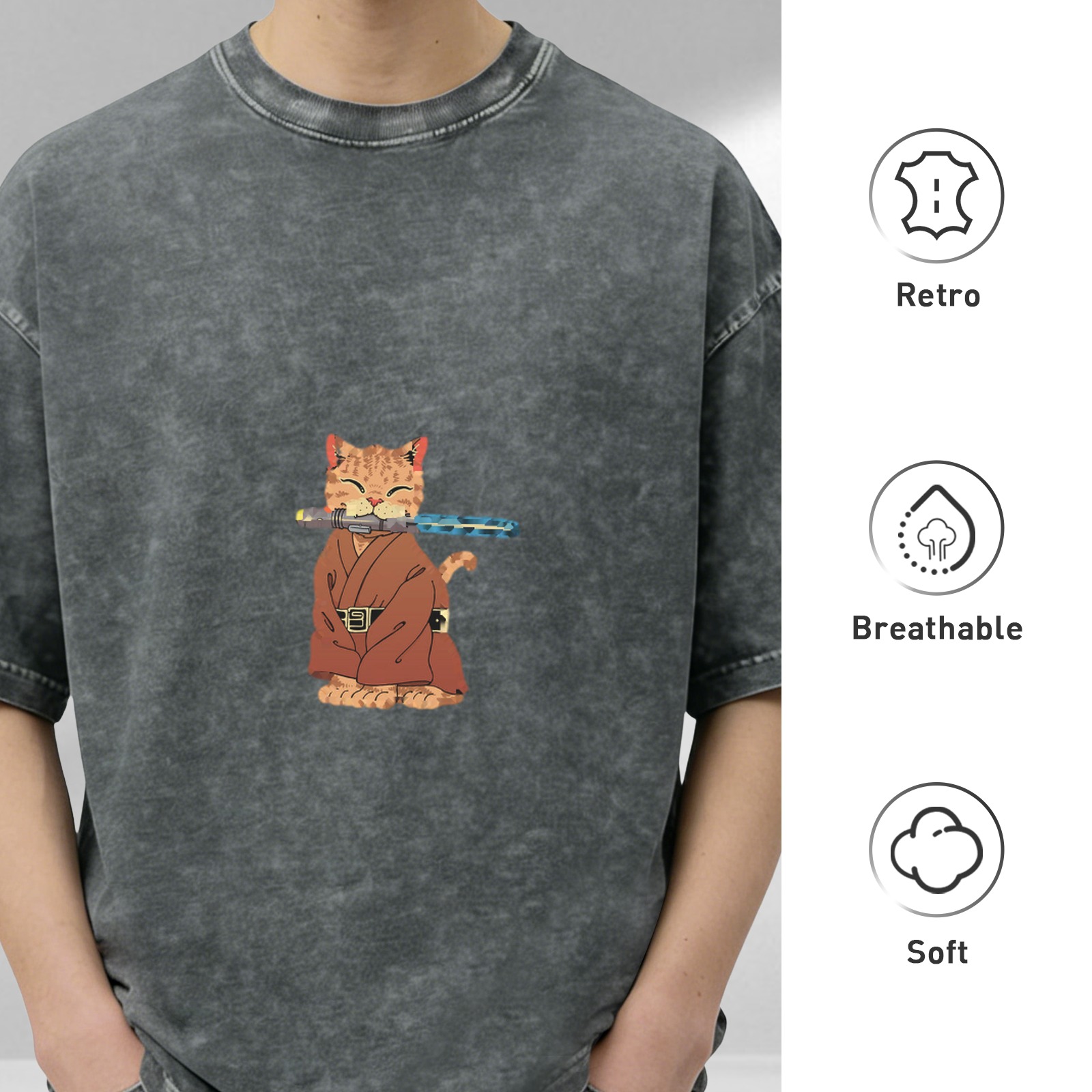 Oversized Acid Wash T-Shirt With Jedi Cat Lightsaber Print