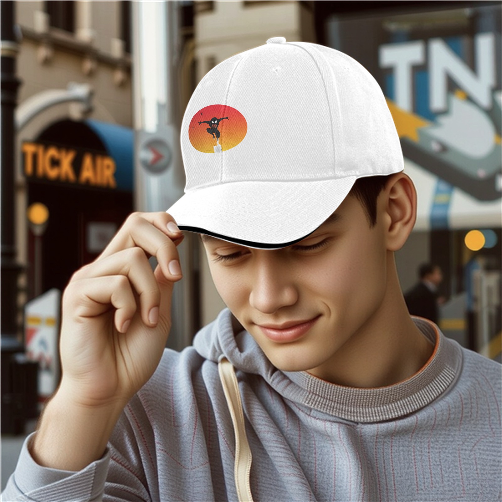 Black Baseball Cap With Ninja Silhouette Sunset Graphic