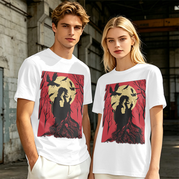 Olive T-Shirt With Gothic Crow And Moon Graphic Print