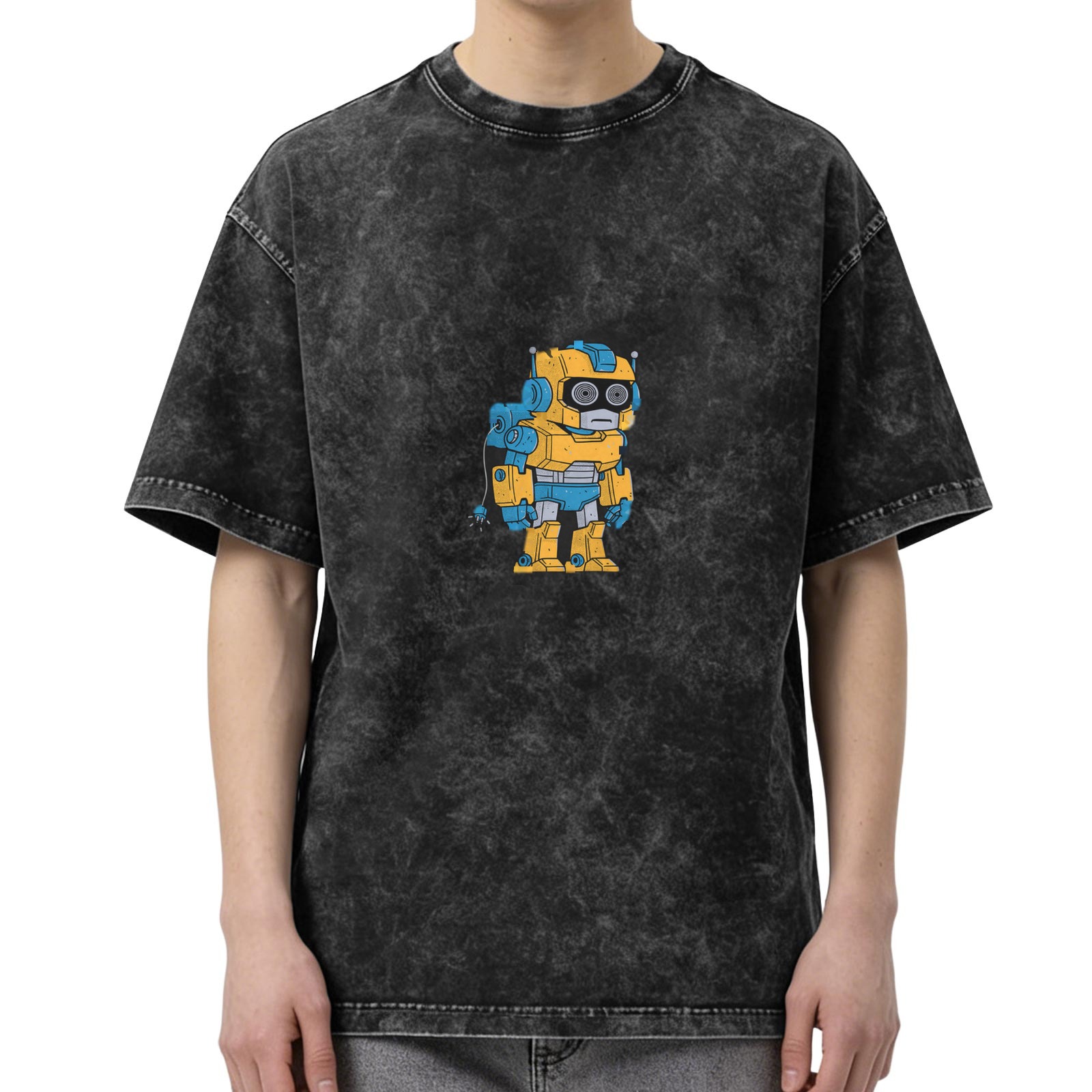 Oversized Acid Wash T-Shirt With Cute Yellow Robot Graphic