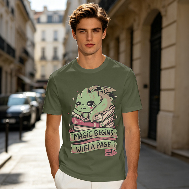 Olive t-shirt with cute baby dragon on books and 'Magic Begins With A Page' print