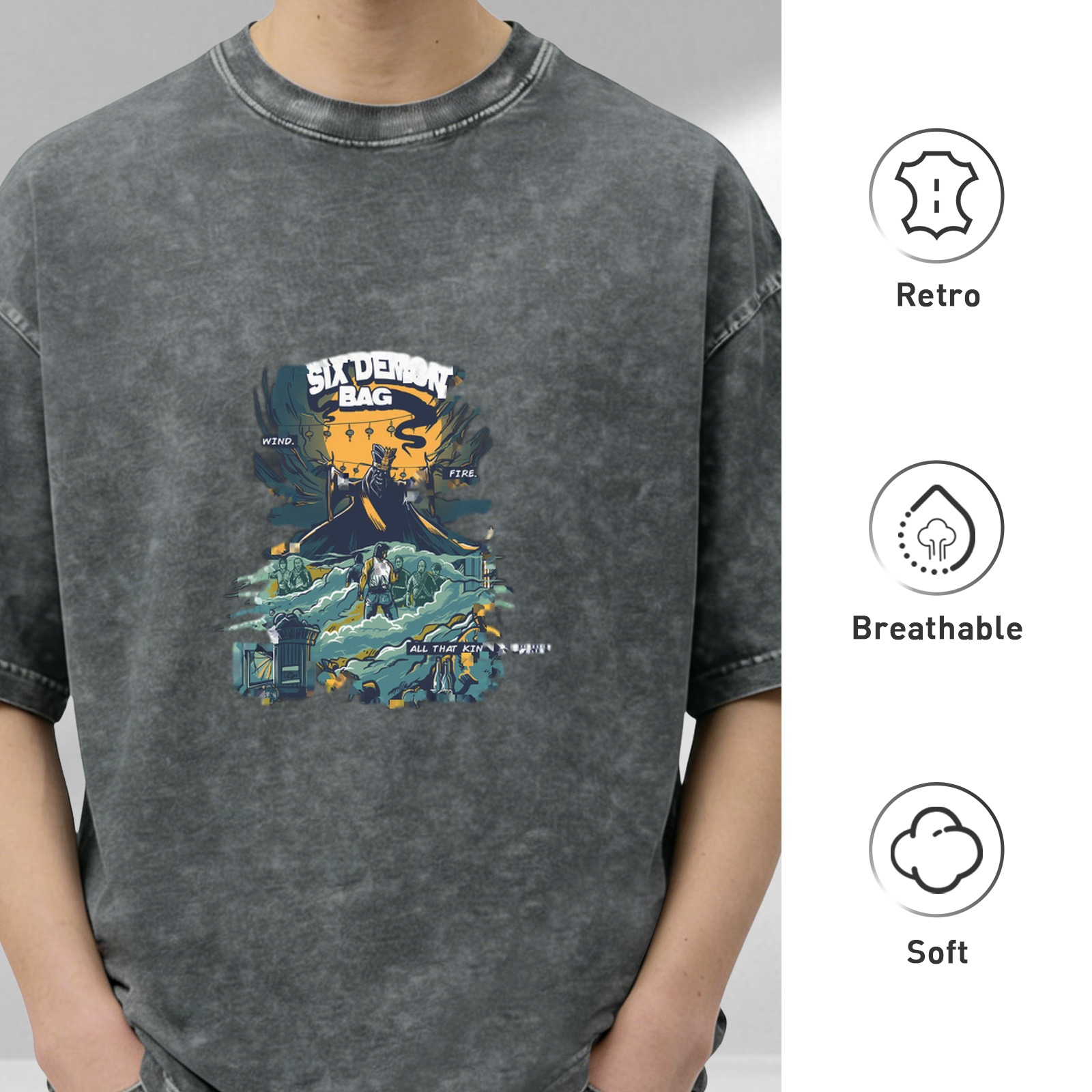Distressed washed black loose short-sleeved T-shirt with 'SIX DEMON BAG' themed illustration printed on the front