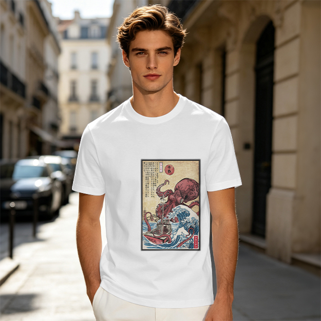 Olive T-shirt with Japanese octopus and wave woodblock print