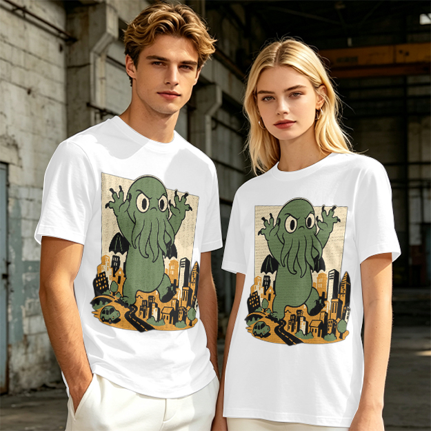 Olive T-shirt with cartoon Cthulhu monster destroying cityscape print