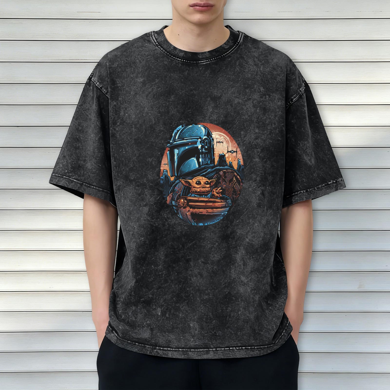 Star Wars The Mandalorian and Grogu Graphic Black Wash T-Shirt
