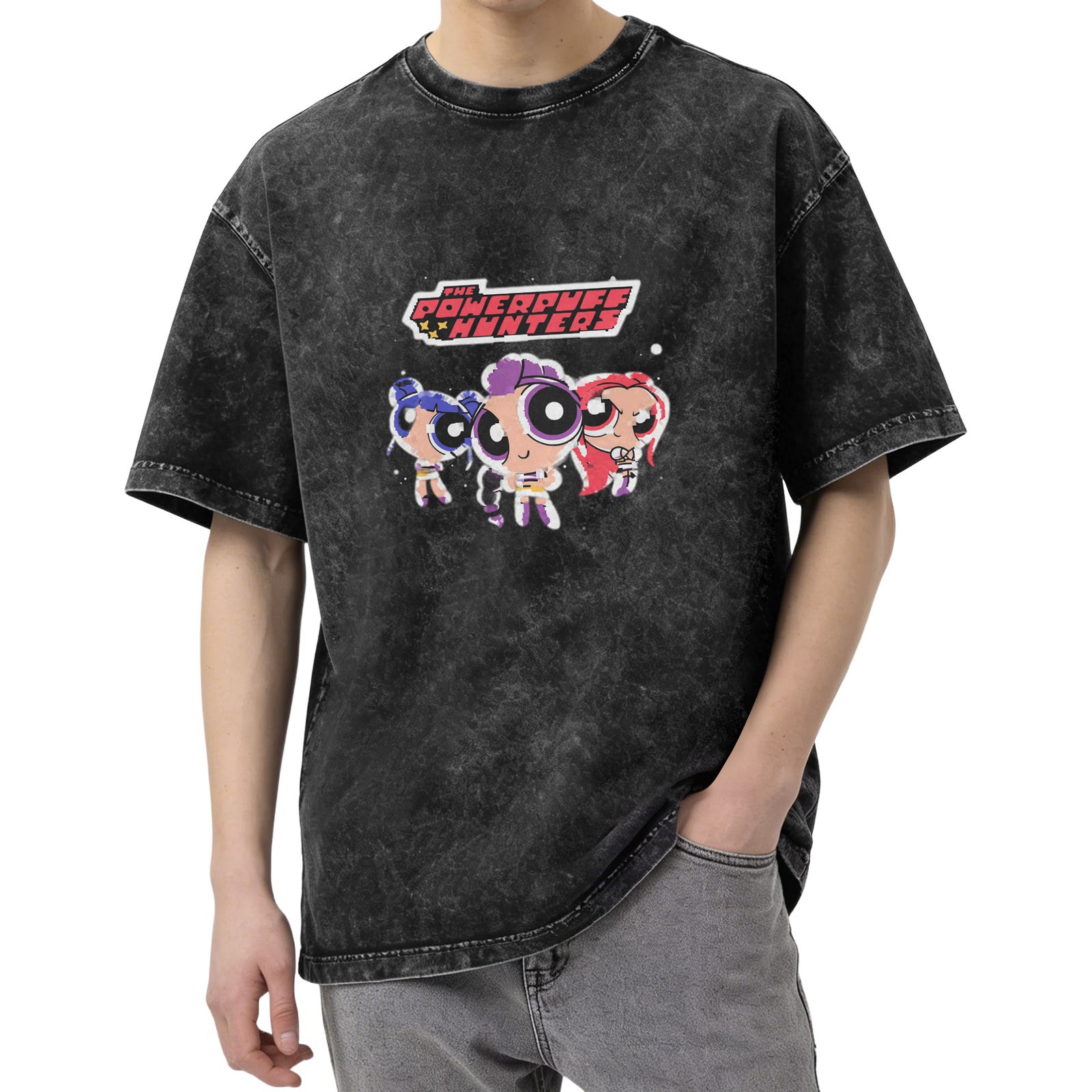 Powerpuff Hunters Graphic Washed Black Oversized T-Shirt