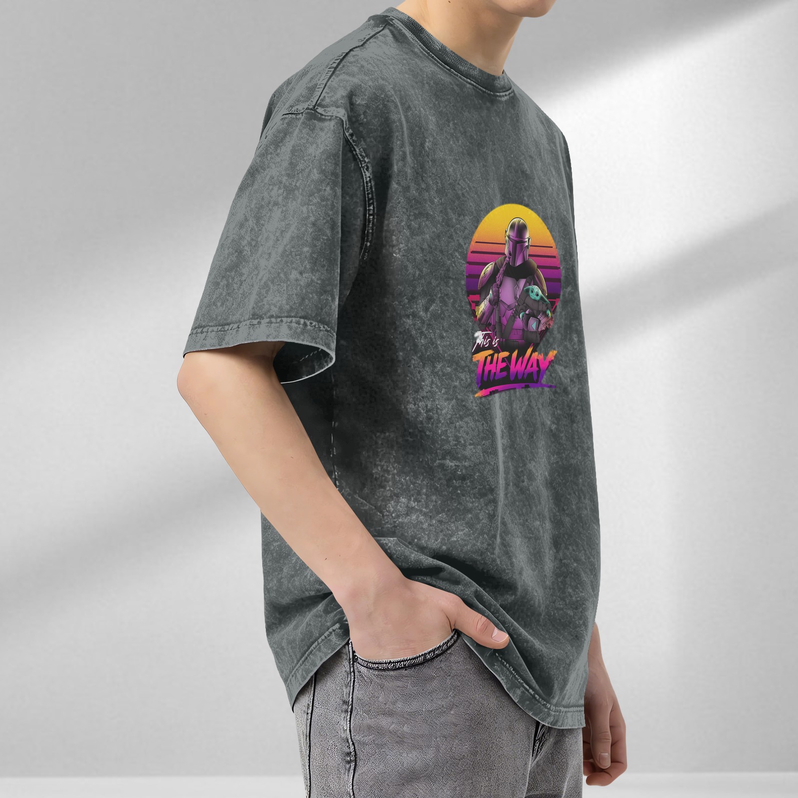 Washed Cotton T-Shirt with Mandalorian This Is The Way Synthwave Print