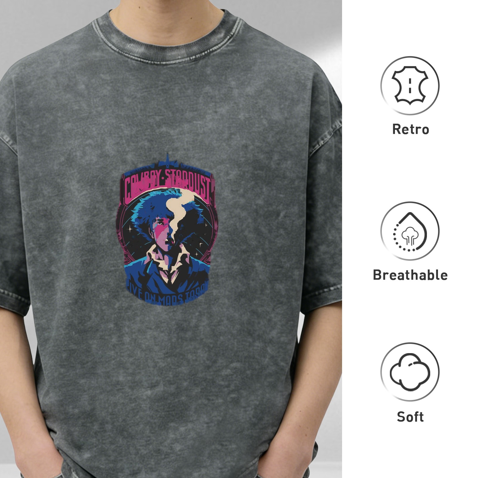 Washed Black Cowboy Stardust Anime Graphic T-Shirt