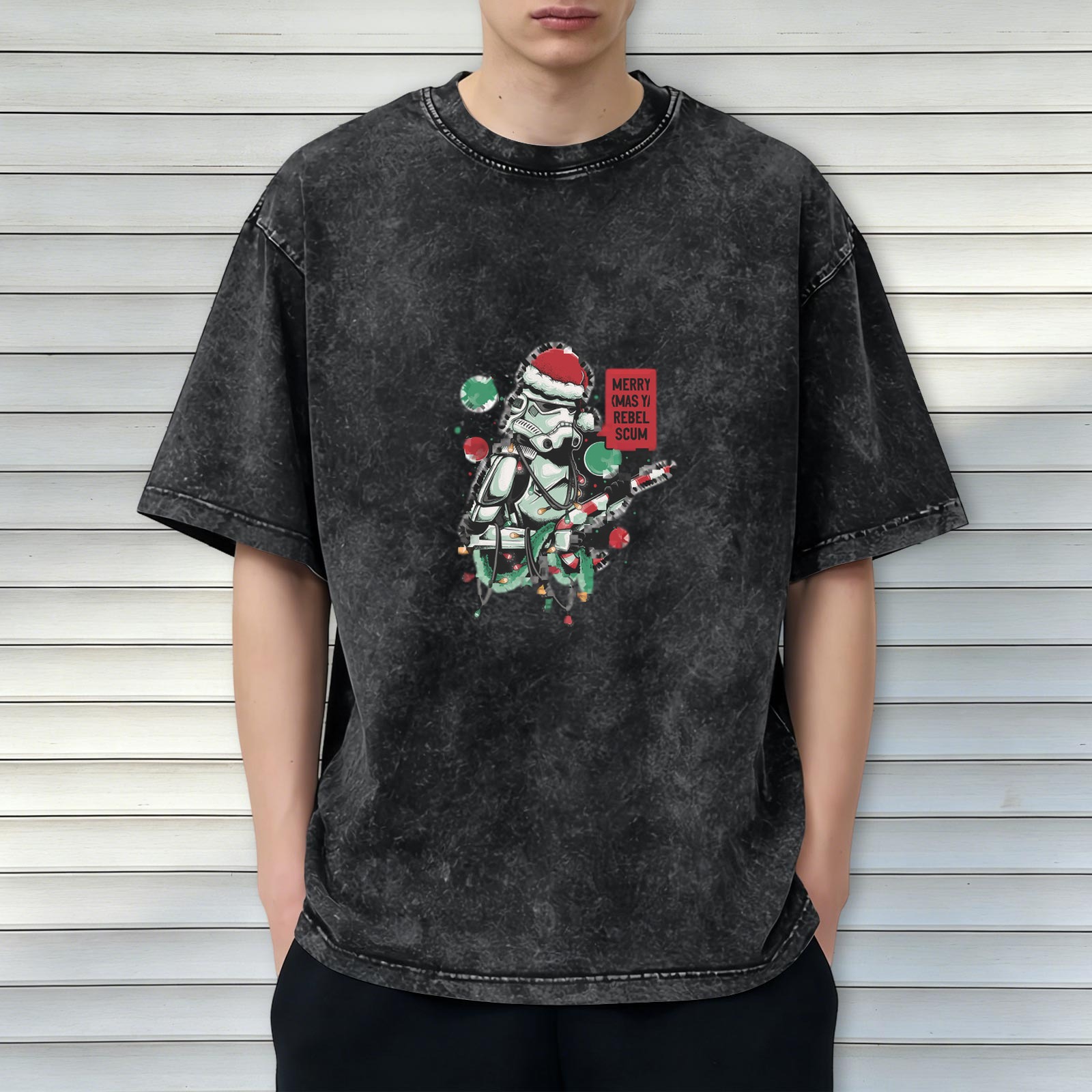 Star Wars Stormtrooper Christmas Graphic Oversized Stone Wash T-Shirt - 'Merry Sithmas Rebel Scum' Festive Holiday Tee