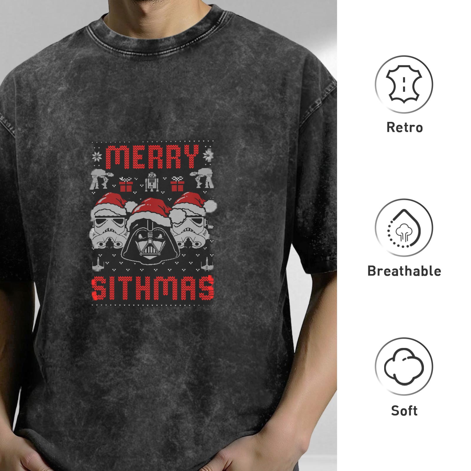 Star Wars Merry Sithmas Ugly Christmas Design Acid Wash Oversized T-Shirt