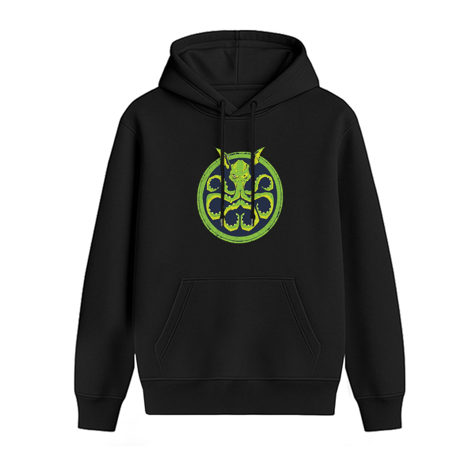 Black Hoodie With Green Octopus Emblem Graphic