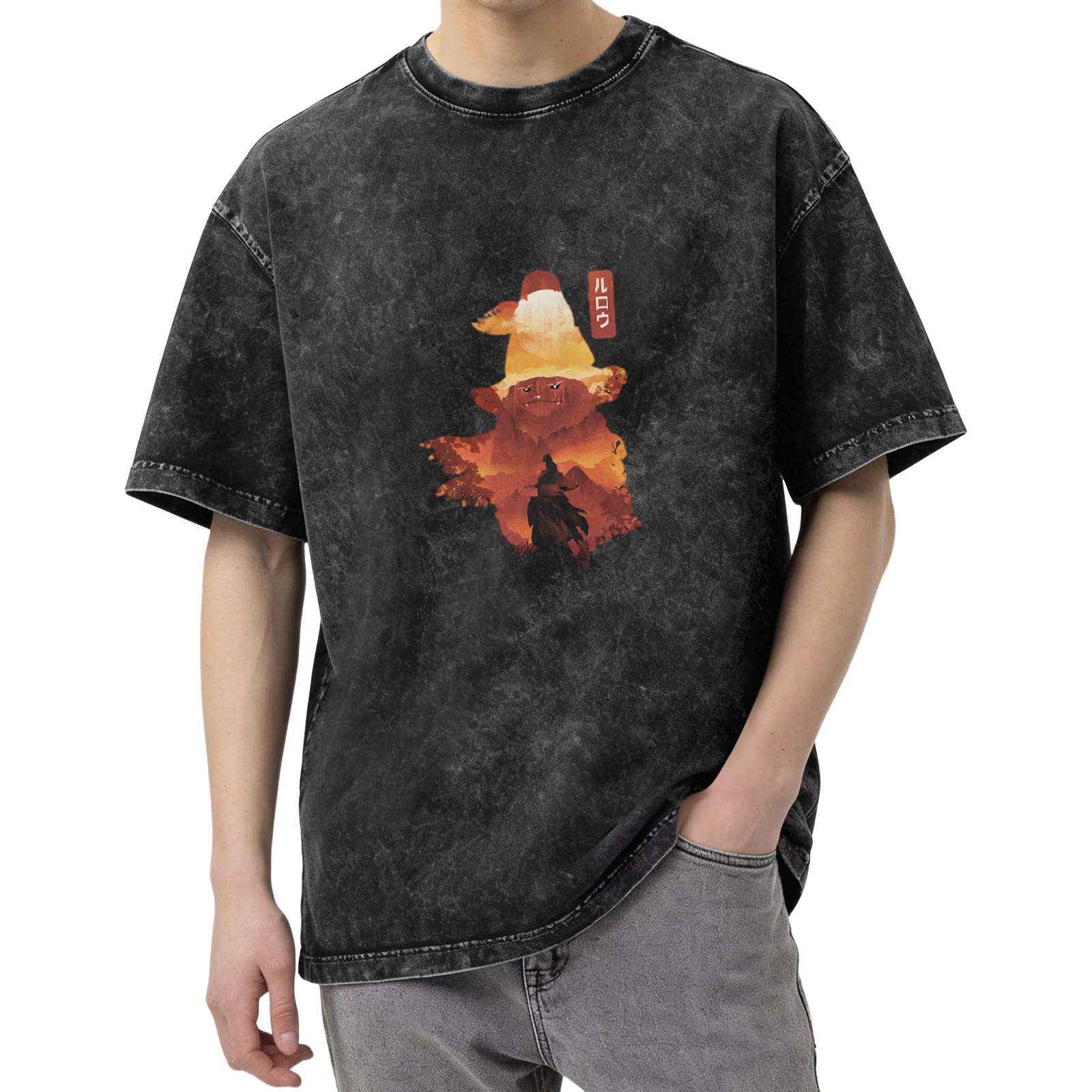 Oversized dark washed graphic t-shirt with wizard silhouette art