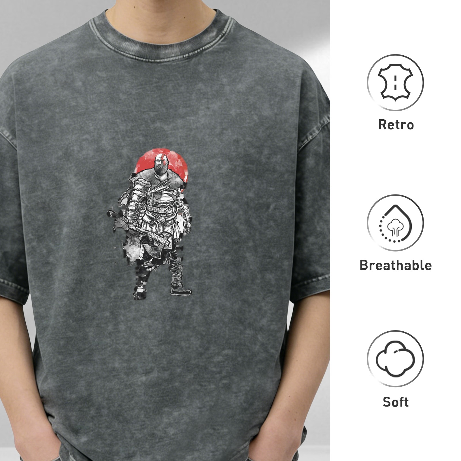 Washed Black Graphic T-Shirt With Spartan Warrior Print