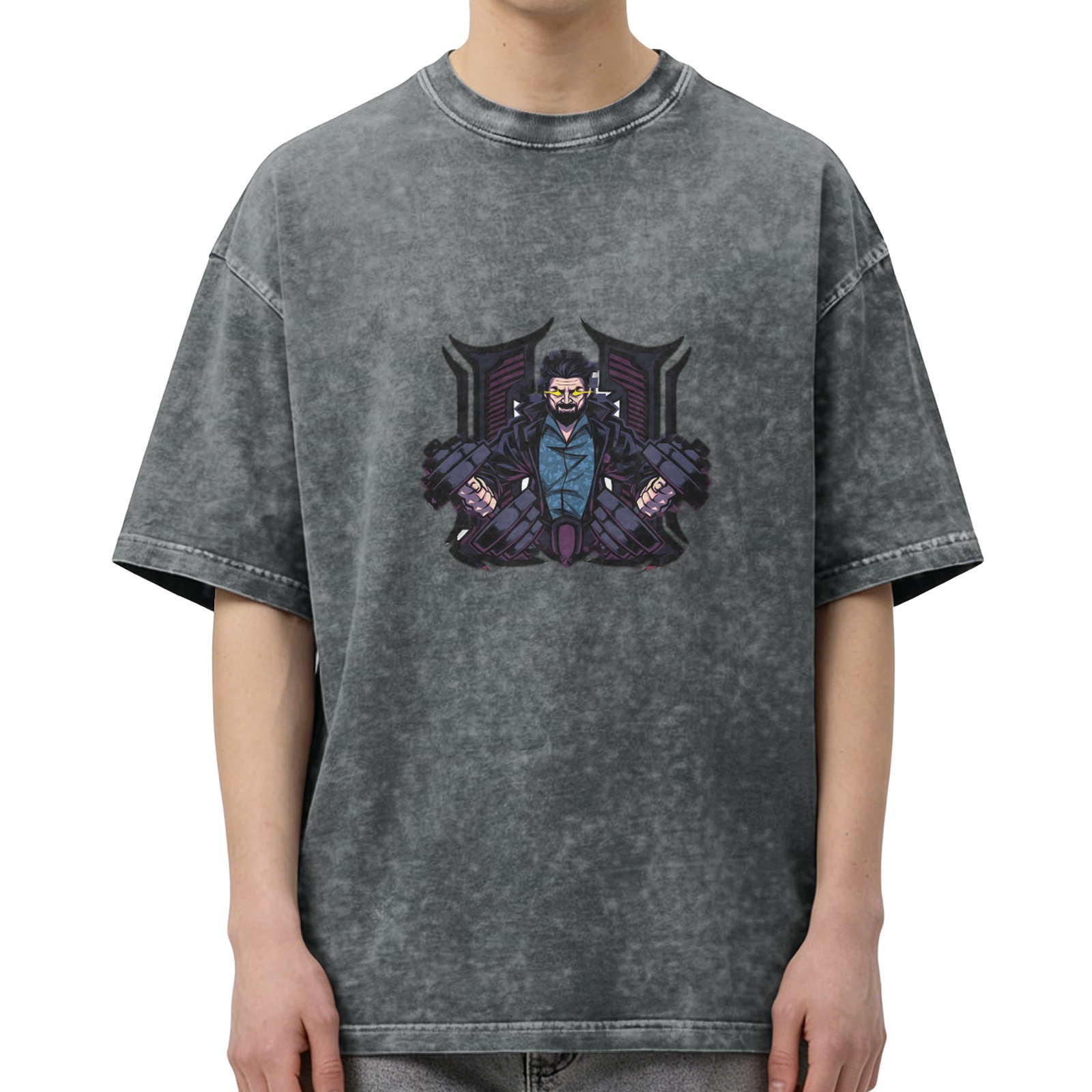 Oversized Acid Wash T-Shirt With Cyberpunk Character Graphic