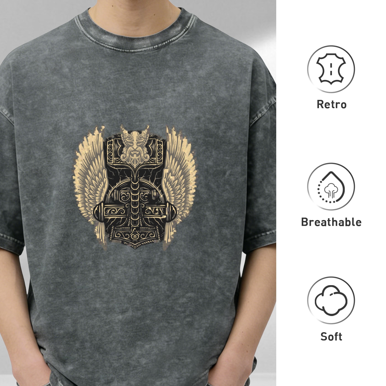 Viking Mjolnir Hammer Graphic Stonewashed Black T-Shirt