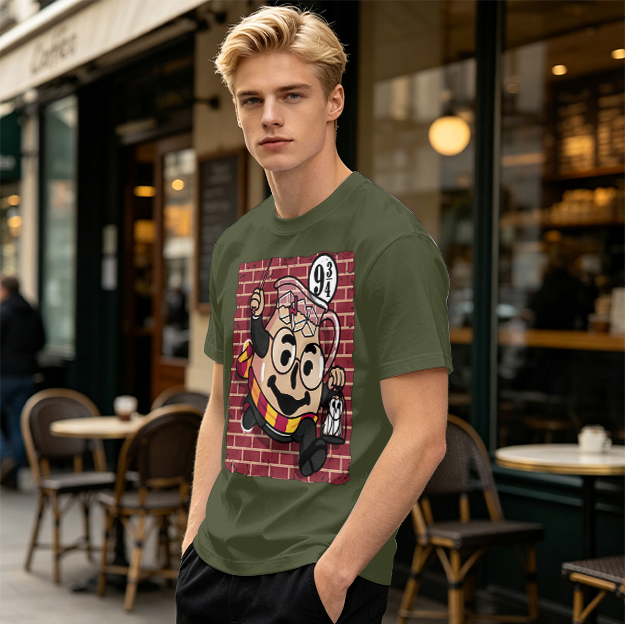 Olive T-shirt with Harry Potter themed pitcher graphic