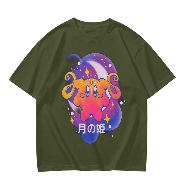 Olive t-shirt with cosmic cat and moon graphic print